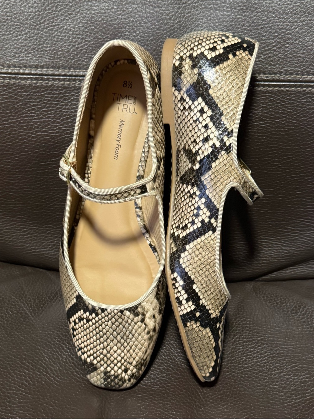 Snake-Print Mary Jane Flats in Beige and Brown - Picture 2 of 5